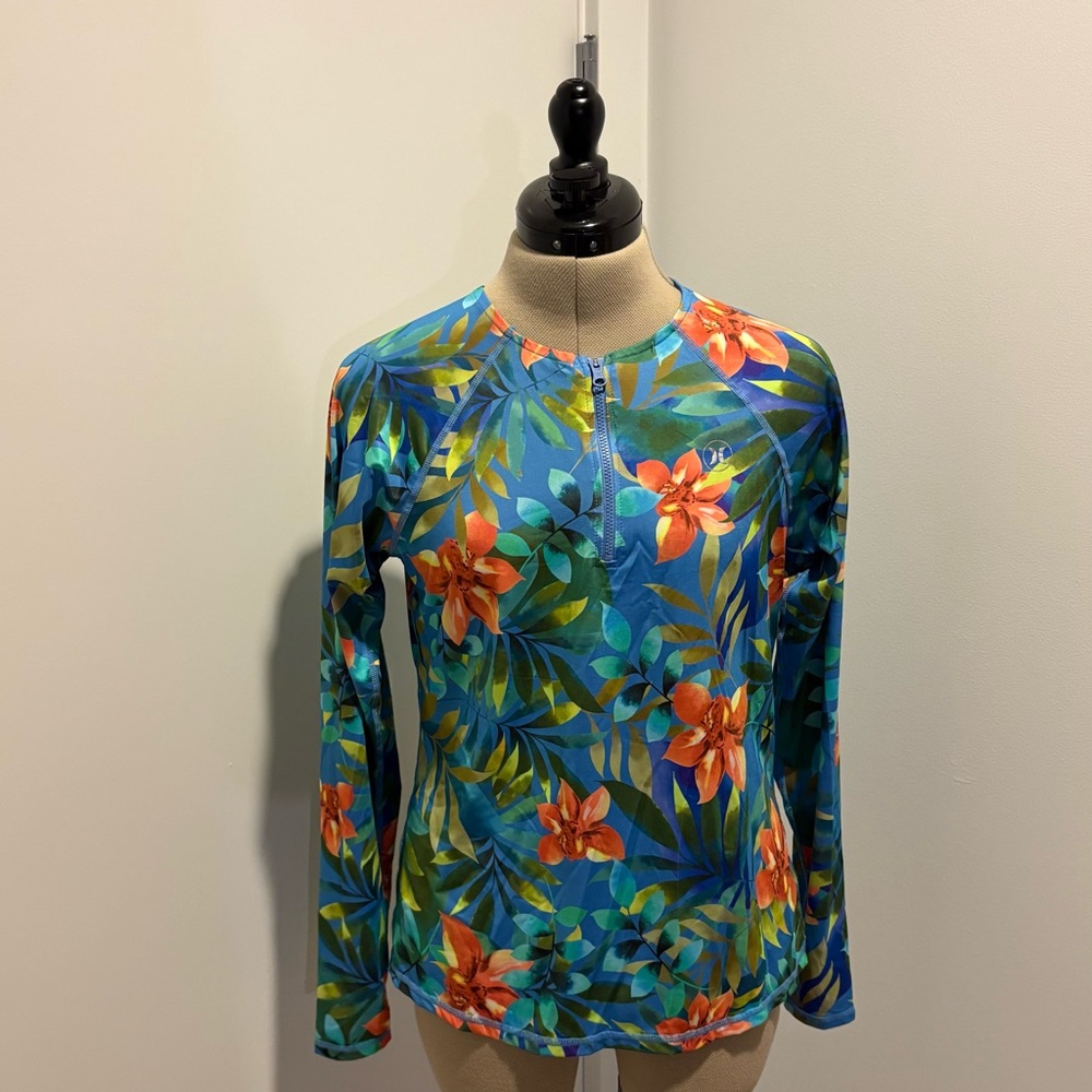 Hurley Womens Quarter Zip Rashguard UPF 50+ Stretch Size Small Blue Green Floral
